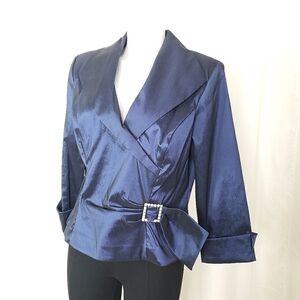 Xscape navy blue satin shirt blazer formal rhinestone embellishment size 16